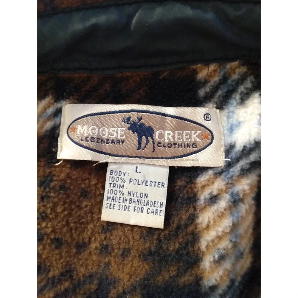 Vintage Moose Creek button front fleece jacket sz L, brown, black plaid NICE!